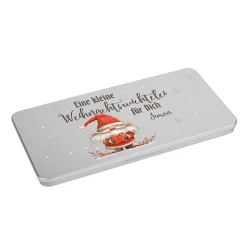 Kleine Weihnachtswichtelei - flache Geschenkdose aus Blech mit Name personalisiert