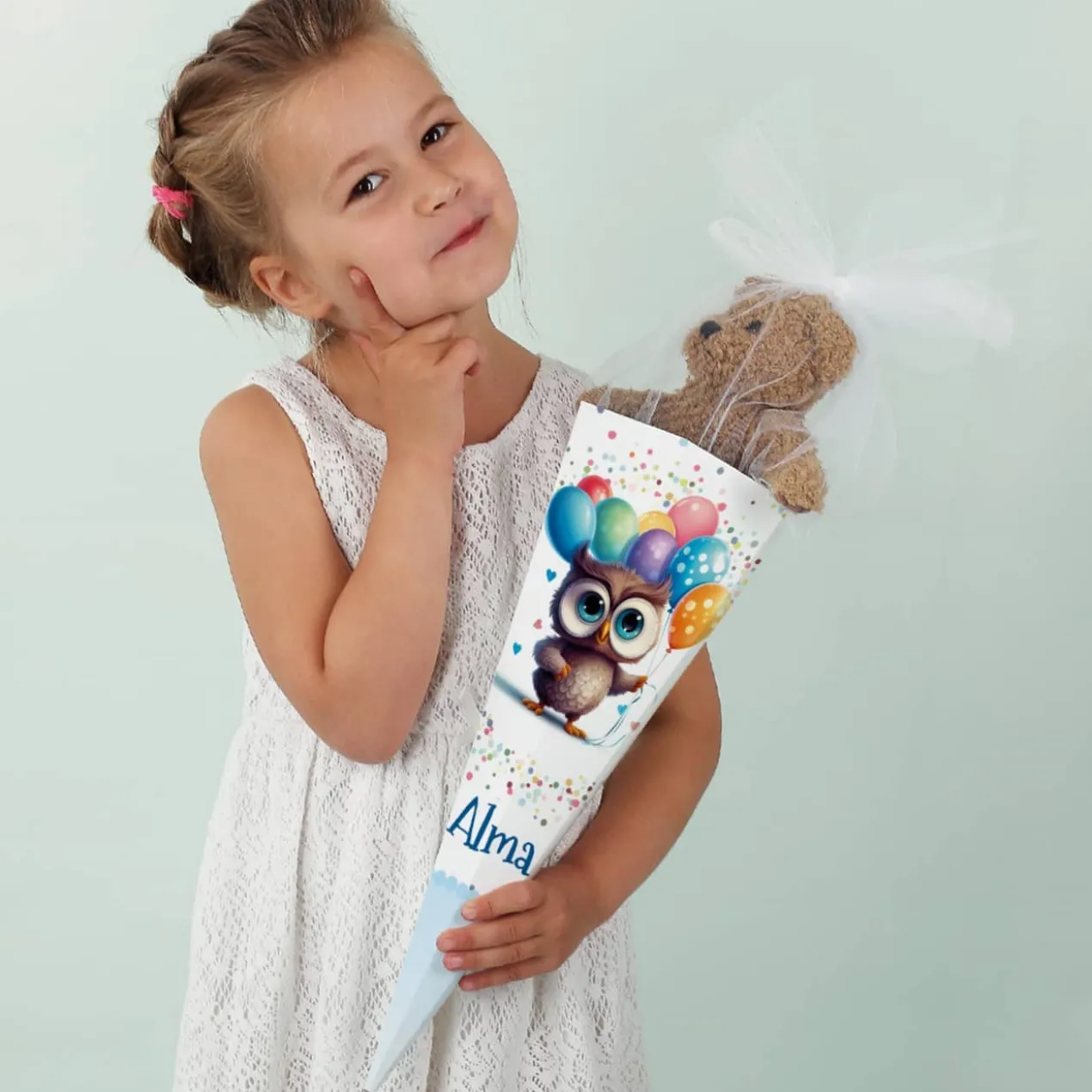 Kleine Zuckertüte mit Eule und Name, 28 cm