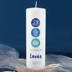 Kommunionkerze in Blau - Liebe, Hoffnung, Glaube