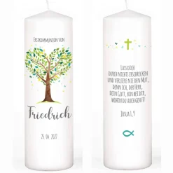 Kommunionkerze Lebensbaum grün-türkis mit Name, Datum & Wunschtext