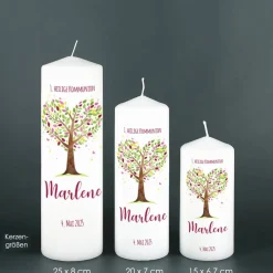Kommunionkerze Lebensbaum mit Name, Datum & Wunschtext in verschiedenen Farben