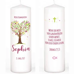 Kommunionkerze Lebensbaum mit Name, Datum & Wunschtext in verschiedenen Farben