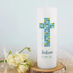 Kommunionkerze mit blaugrünem Kreuz, Name, Datum und Wunschtext