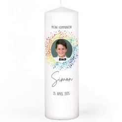 Kommunionkerze mit Foto im Regenbogen-Kreis, Name, Datum & Wunschtext