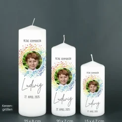 Kommunionkerze mit Foto im Regenbogen-Kreis, Name, Datum & Wunschtext