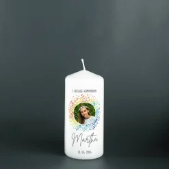 Kommunionkerze mit Foto im Regenbogen-Kreis, Name, Datum & Wunschtext
