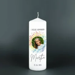 Kommunionkerze mit Foto im Regenbogen-Kreis, Name, Datum & Wunschtext