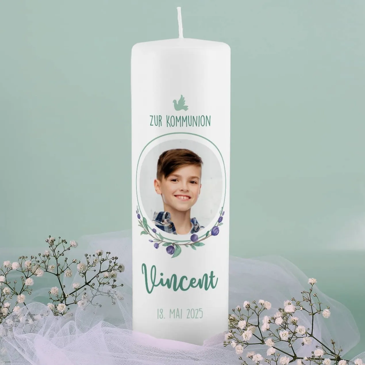 Kommunionkerze mit Foto, Name, Datum und Wunschtext