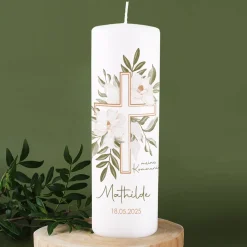 Kommunionkerze mit Kreuz und Blumenmotiv bedruckt