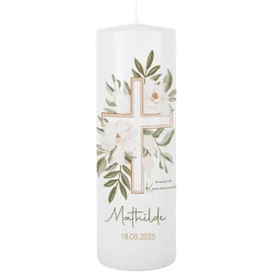 Kommunionkerze mit Kreuz und Blumenmotiv bedruckt