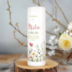 Kommunionkerze mit Wildblumen, Name, Datum & Kommunionsspruch