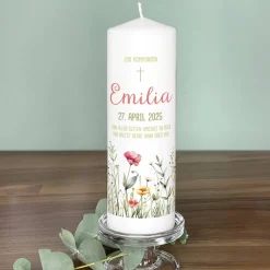 Kommunionkerze mit Wildblumen, Name, Datum & Kommunionsspruch