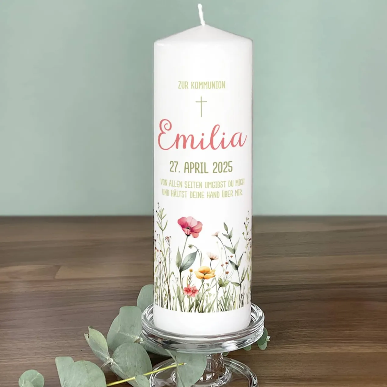 Kommunionkerze mit Wildblumen, Name, Datum & Kommunionsspruch