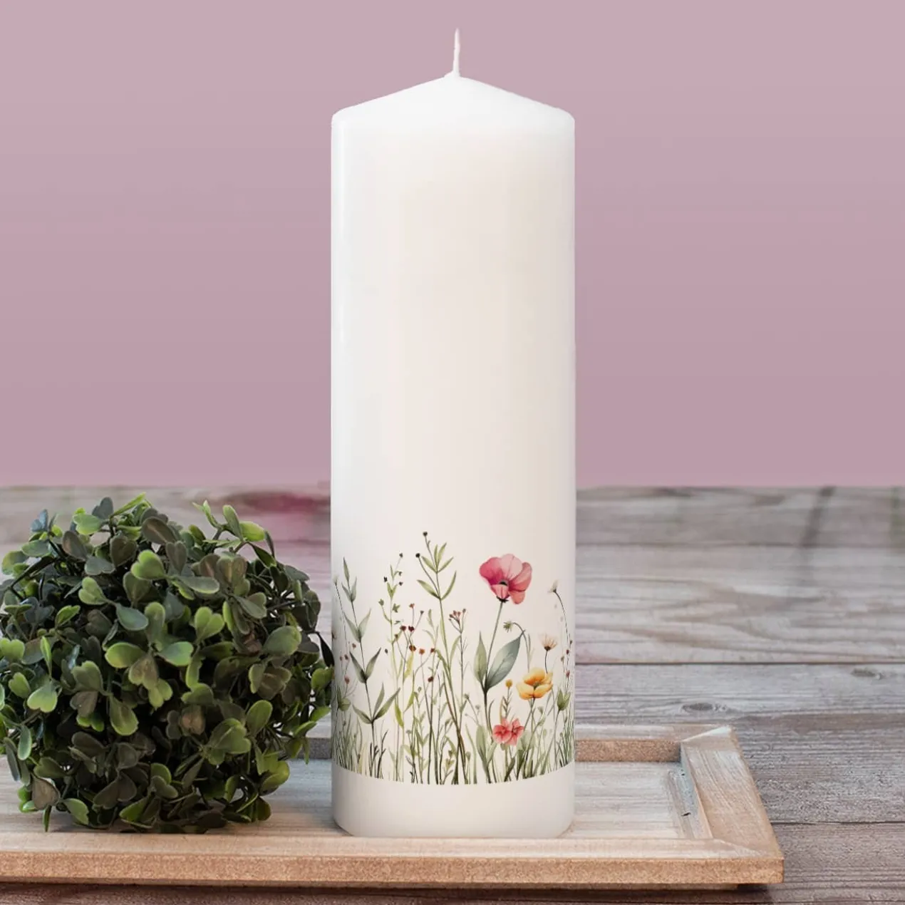 Kommunionkerze mit Wildblumen, Name, Datum & Kommunionsspruch