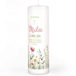 Kommunionkerze mit Wildblumen, Name, Datum & Kommunionsspruch