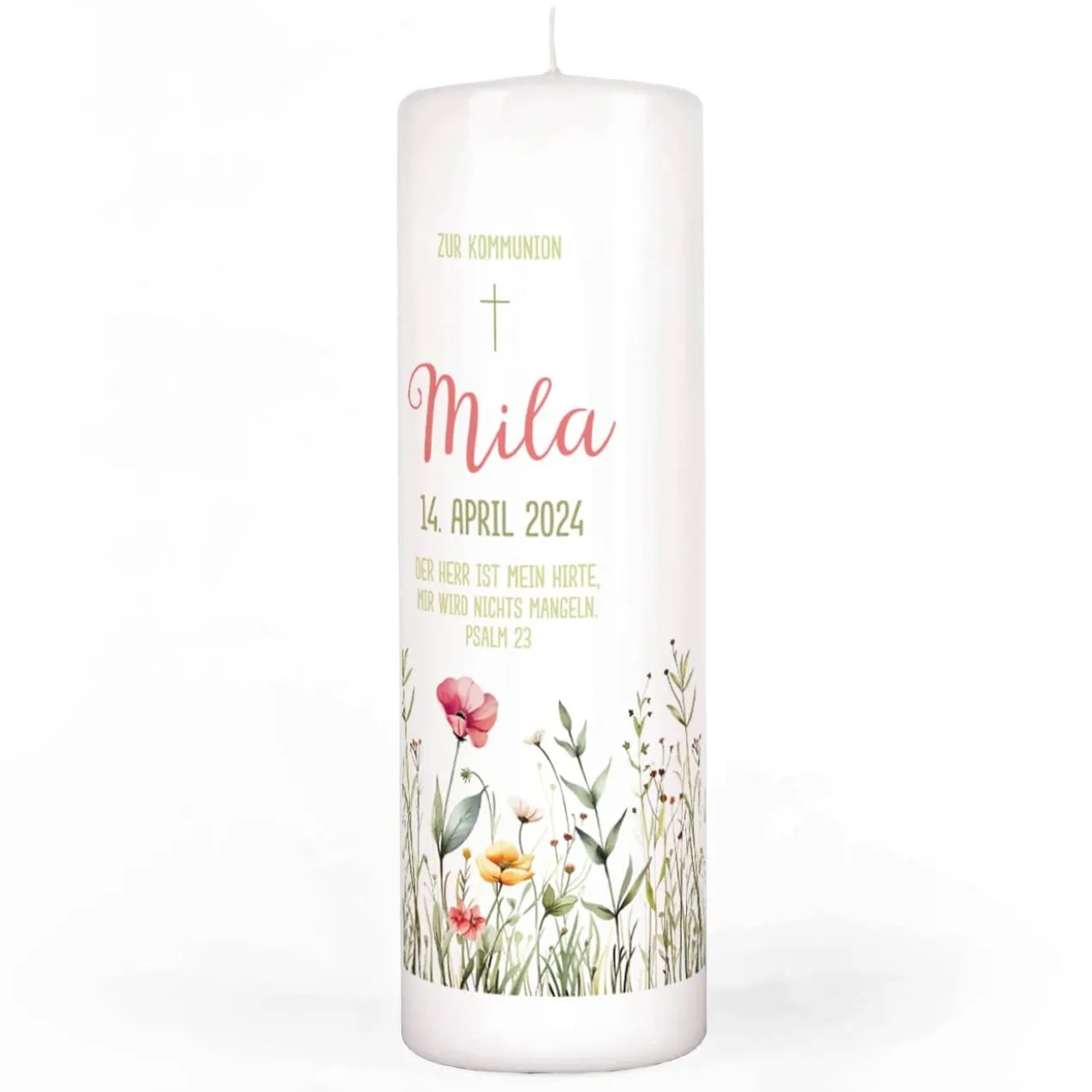 Kommunionkerze mit Wildblumen, Name, Datum & Kommunionsspruch
