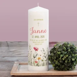 Kommunionkerze mit Wildblumen, Name, Datum & Kommunionsspruch