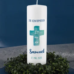 Konfirmationskerze mit Kreuz in Watercolor-Optik