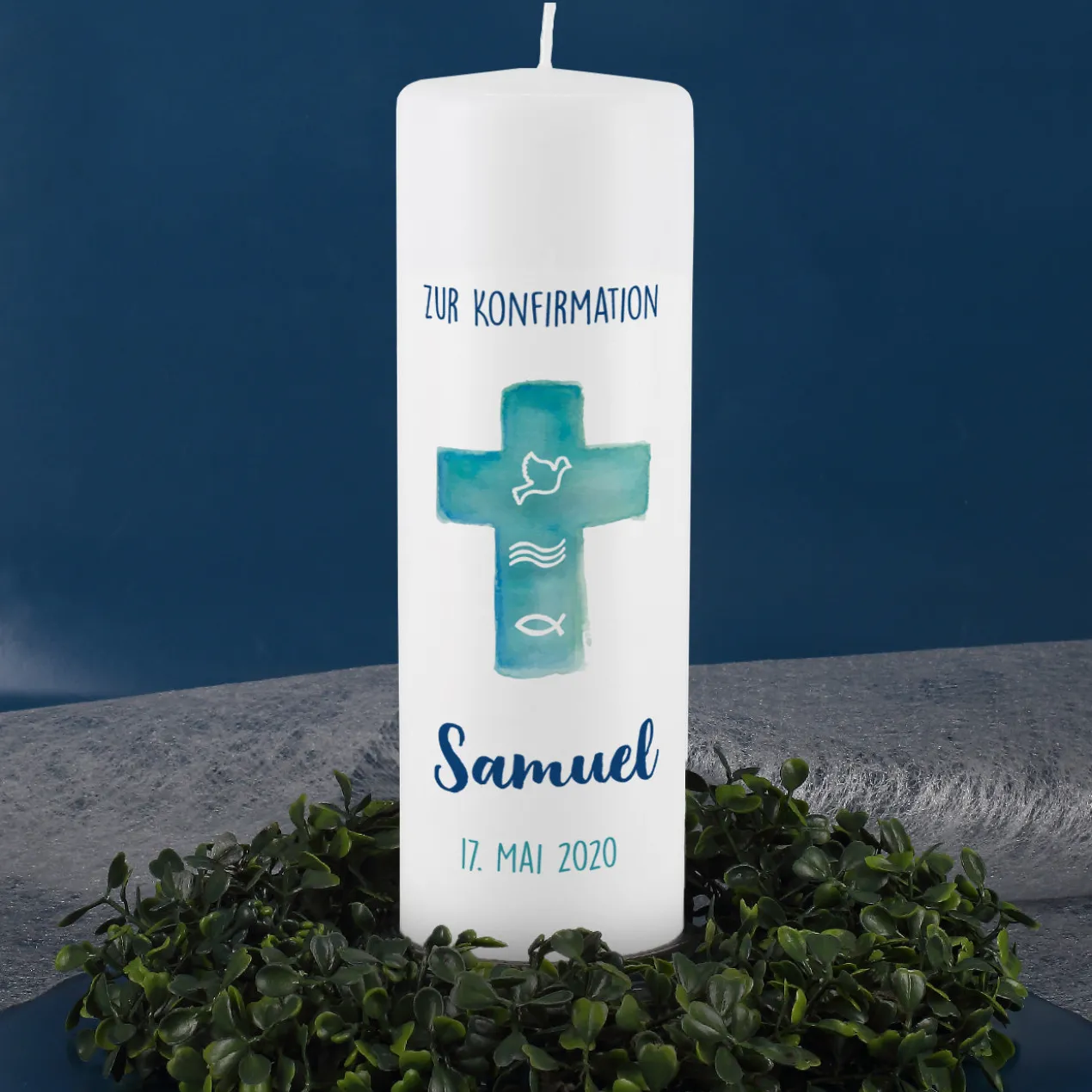 Konfirmationskerze mit Kreuz in Watercolor-Optik