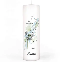 Konfirmationskerze Pusteblume mit Name, Datum und Segensspruch