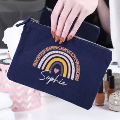 Kosmetiktasche mit Regenbogen-Motiv und Name, 2 Farben zur Auswahl
