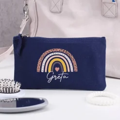 Kosmetiktasche mit Regenbogen-Motiv und Name, 2 Farben zur Auswahl
