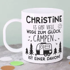 Kunststofftasse für Camper - Es gibt viele Wege zum Glück - mit Namensaufdruck