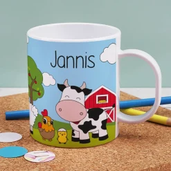 Kunststofftasse mit Bauernhoftieren und Ihrem Wunschnamen bedruckt | Tasse als Geschenk für Kinder
