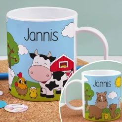 Kunststofftasse mit Bauernhoftieren und Ihrem Wunschnamen bedruckt | Tasse als Geschenk für Kinder