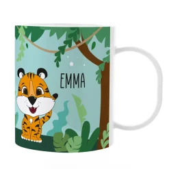 Kunststofftasse mit Dschungelmotiv, Tiger, Tucan und Ihrem Wunschnamen
