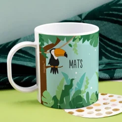 Kunststofftasse mit Dschungelmotiv, Tiger, Tucan und Ihrem Wunschnamen