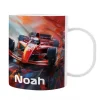 Kunststofftasse mit Rennwagen und Wunschname bedruckt
