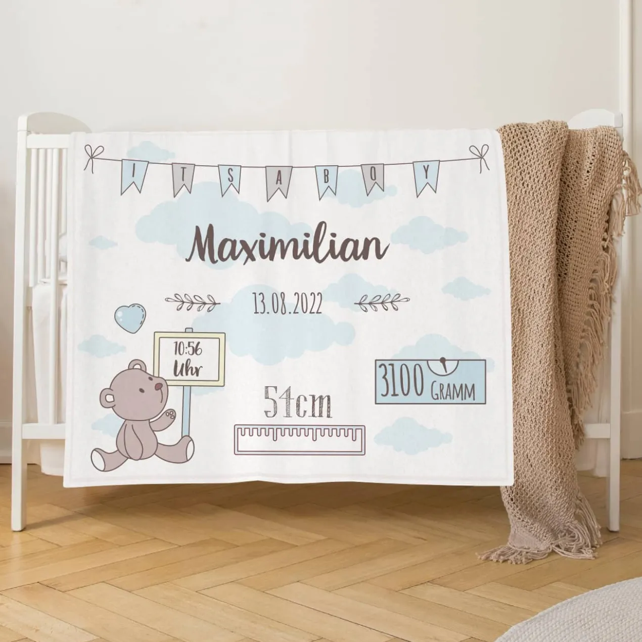 Kuscheldecke für Jungen als Geschenk zur Geburt mit Teddymotiv