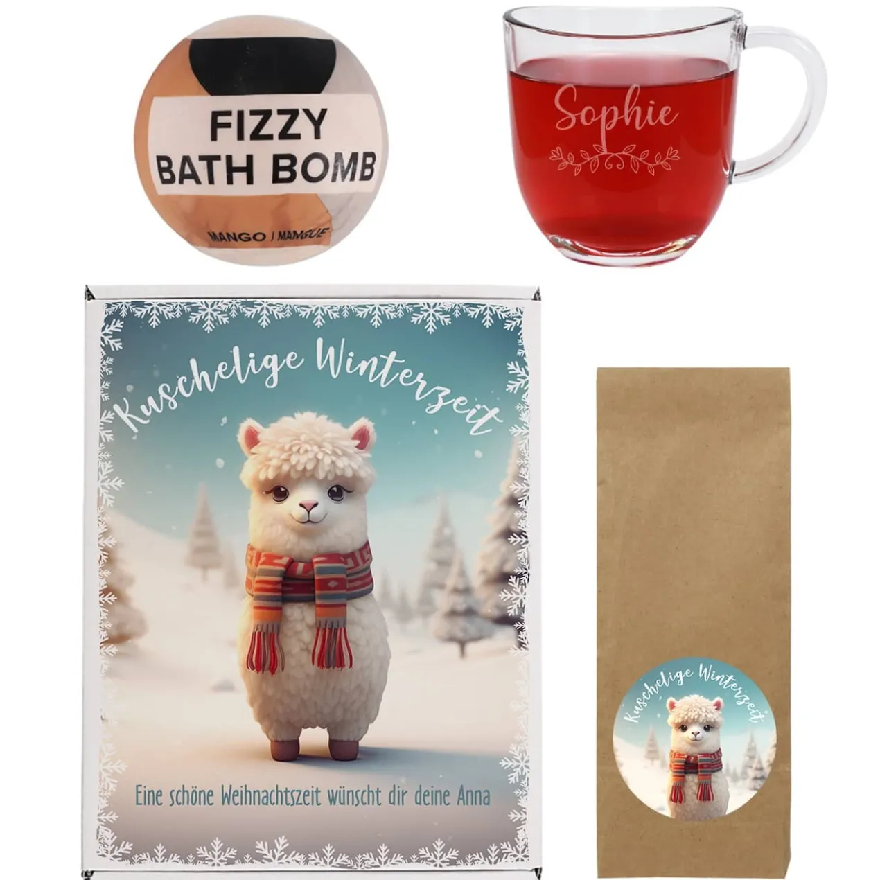 Kuschelige Winterzeit - Geschenkset mit Tee, Teeglas und Badekugel