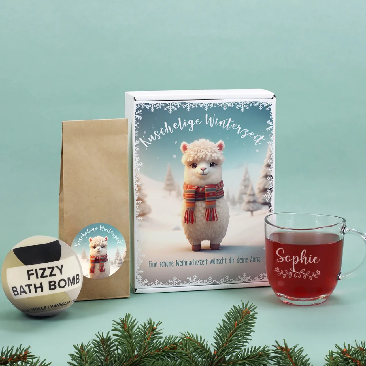Kuschelige Winterzeit - Geschenkset mit Tee, Teeglas und Badekugel