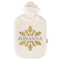 Kuschelige Wärmflasche mit Schneeflocke in Goldoptik und Name bedruckt