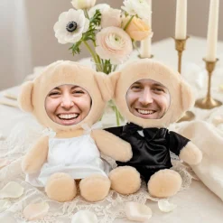 Kuscheltier Brautpaar personalisiert mit Foto Gesicht | Teddy Set als Geschenk zur Hochzeit