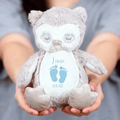 Kuscheltier Eule mit Babyfüßchen | Personalisiert mit Name & Datum zur Geburt & Taufe | Farbauswahl