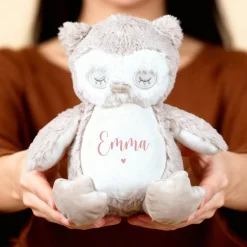 Kuscheltier Eule mit Herzmotiv | Personalisiert mit Name & Datum zur Geburt & Taufe | Farbauswahl