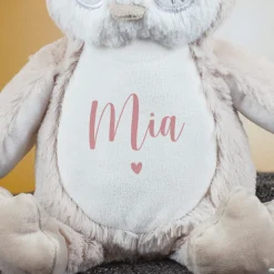Kuscheltier Eule mit Herzmotiv | Personalisiert mit Name & Datum zur Geburt & Taufe | Farbauswahl