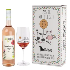 Lass die Kuh fliegen! Geschenkset zum Geburtstag mit bienenfreundlichen Biorebe Wein, Glas und Box