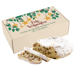 Leckerer Rosinenstollen als Weihnachtsgeschenk mit personalisierbarer Geschenkverpackung