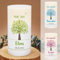 LED Kerze mit Lebensbaum für Taufe, Kommunion und Konfirmation