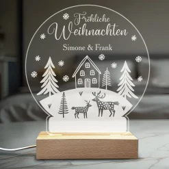 LED Licht personalisiert mit Wunschtext und Acrylglas in Schneekugelform | Geschenk zu Weihnachten