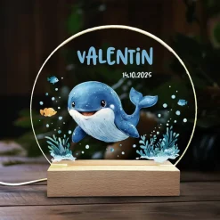 LED Nachtlicht aus Acryl und Holz mit Wal, Name & Datum, Babygeschenk, Taufgeschenk