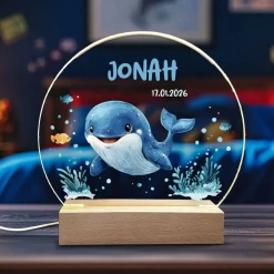 LED Nachtlicht aus Acryl und Holz mit Wal, Name & Datum, Babygeschenk, Taufgeschenk