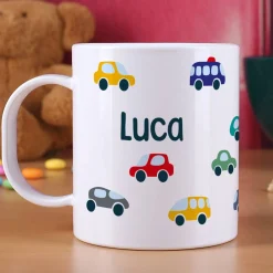 Leichte Kunststofftasse für Kinder mit Autos bedruckt