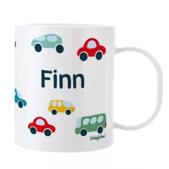 Leichte Kunststofftasse für Kinder mit Autos bedruckt