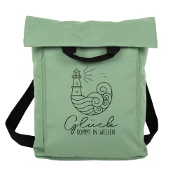 Leichter 2-in-1 Rucksack & Tasche mit Leuchtturm Motiv für Wandern und Urlaub | Glück kommt in Wellen