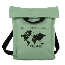Leichter 2-in-1 Rucksack & Tasche personalisiert mit Wunschtext und Name | Weltkarte Motiv für Reise